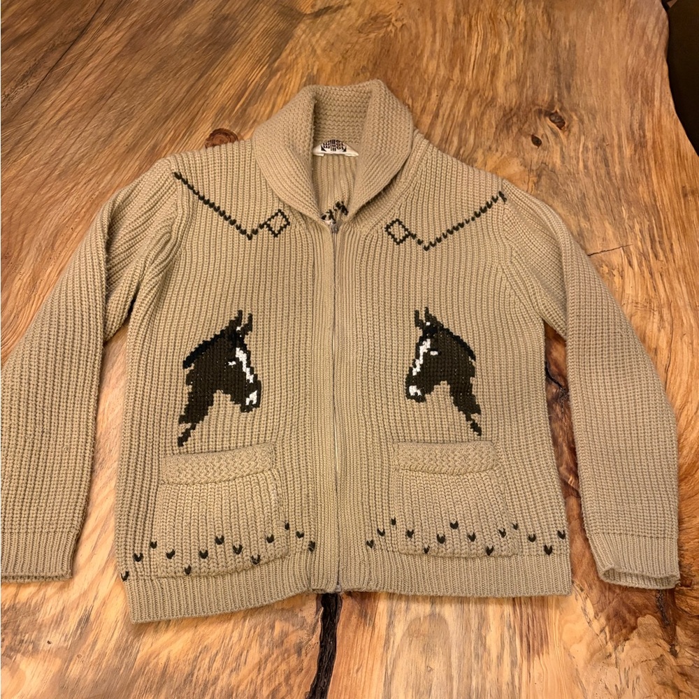 Vintage Cowichan Knit Sweater Shawl Collar Horse Cowboy 1960’s